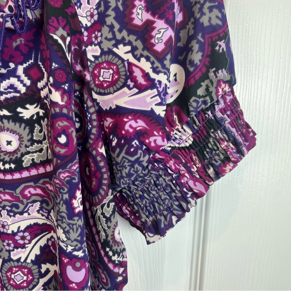 eci New York Multi Purple & Gray Blouse Elastic Waist Hem Ruffles Women’s Size 8 - Picture 6 of 14